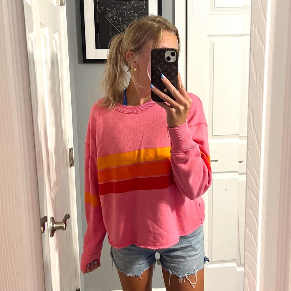 Aerie Pink Yellow Orange Stripe Crewneck